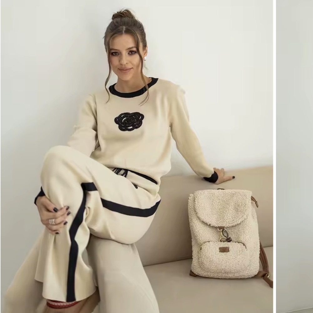 Chic Beige and Black Women's Pantsuit real black embellishment on top.